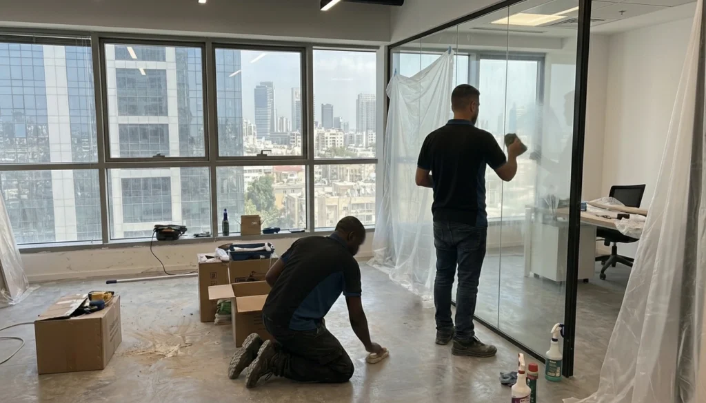 עובדי ניקיון מנקים משרד אחרי שיפוצים