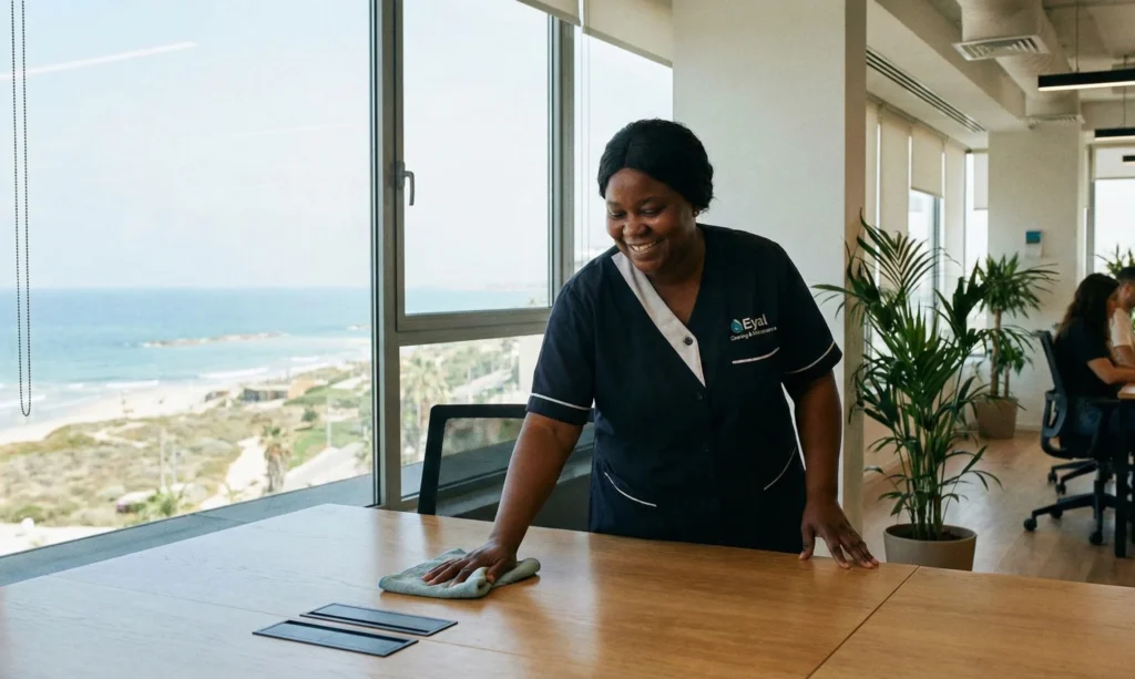 עובדת ניקיון מנגבת שולחן משרדי