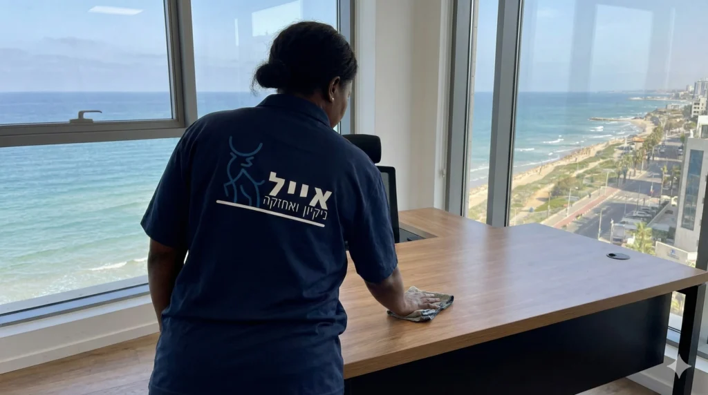 עובדת ניקיון מנגבת שולחן משרדי כשמאחוריה חלונות עם נוף לים