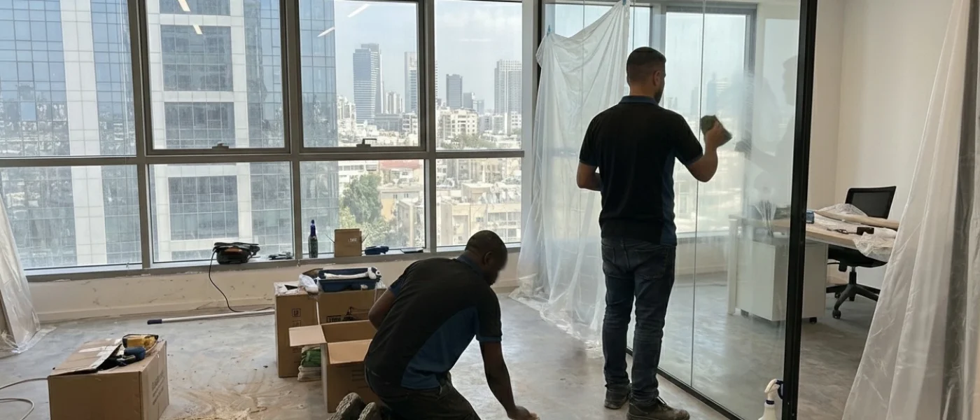 עובדי ניקיון מנקים משרד אחרי שיפוצים